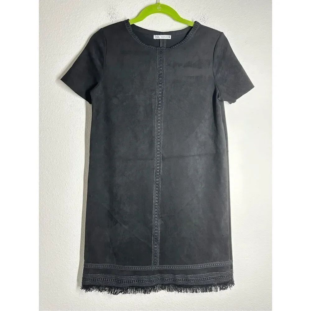 ZARA Woman’s Black Faux Suede Dress Mini Embroidered Size S